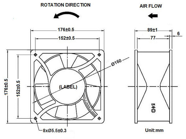 sA17689V2H AC Axial 176X176X89MM, 230V, 2800/3250 RPM Muffin Fan